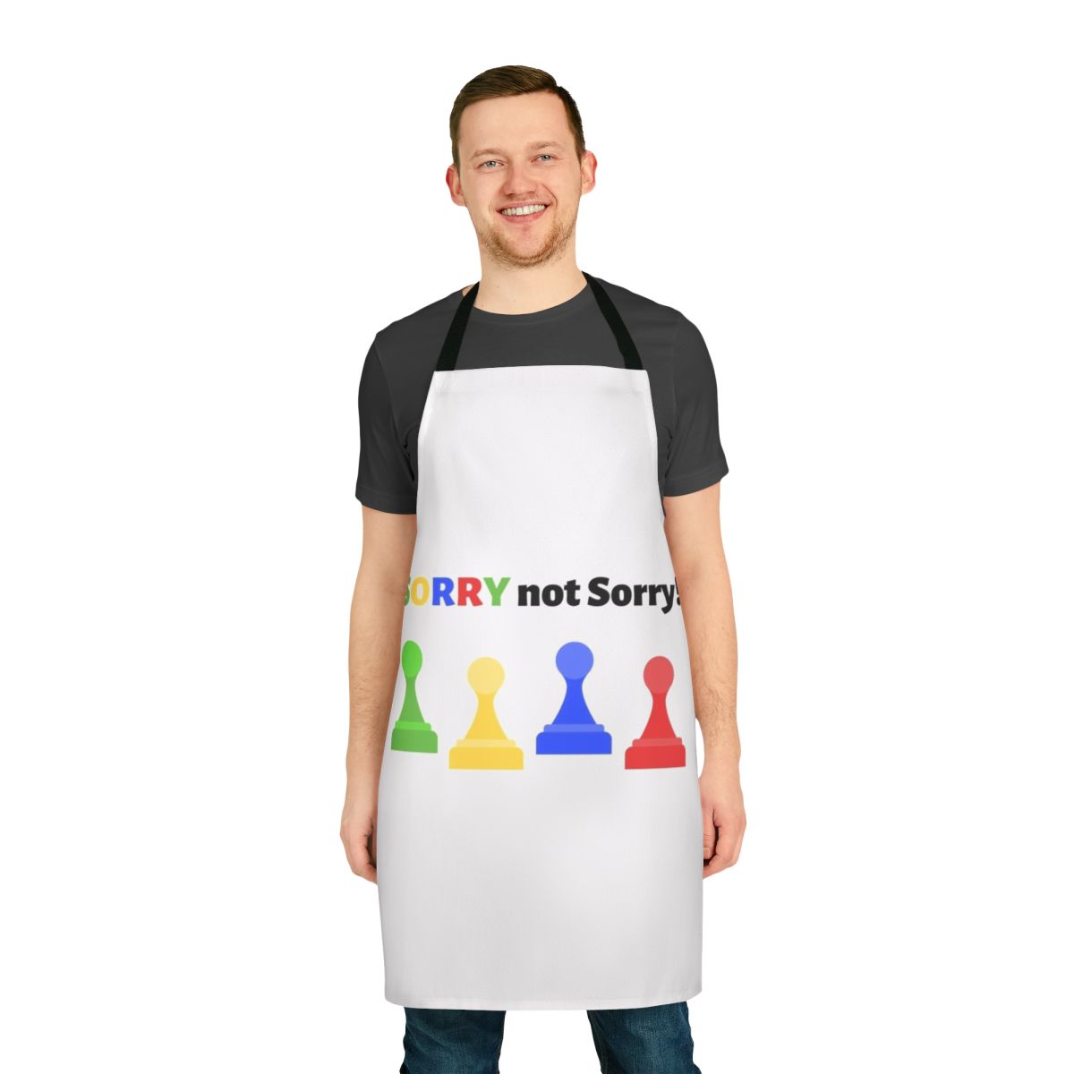 Colorful "Sorry Not Sorry" themed apron with board game graphics