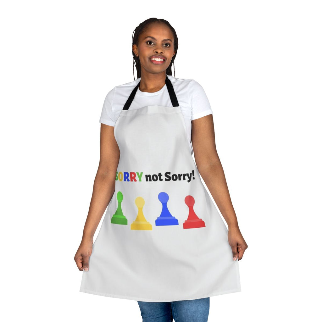 Colorful "Sorry Not Sorry" themed apron with board game graphics