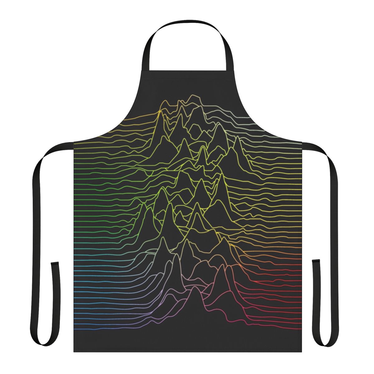 Colorful sound wave graphic design on a black and white kitchen apron