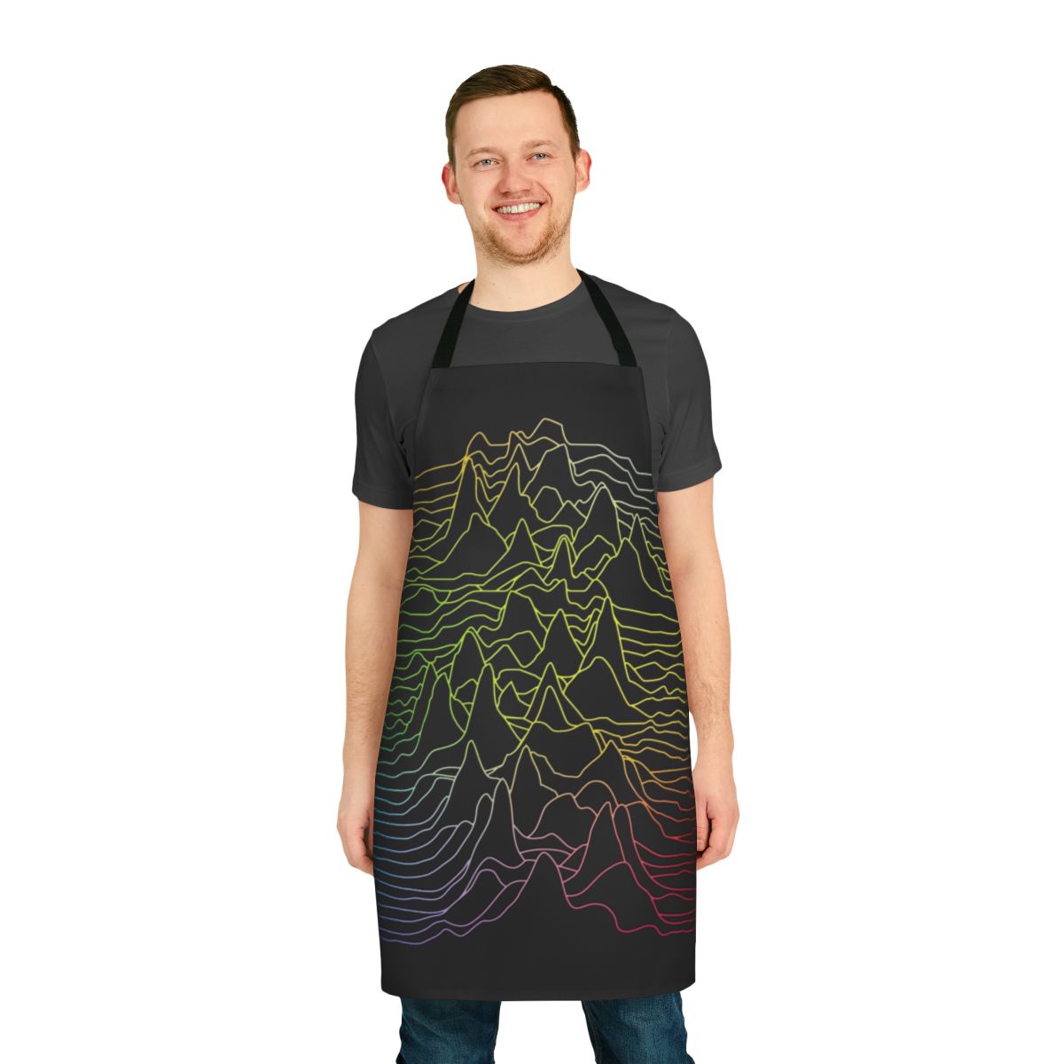 Colorful sound wave graphic design on a black and white kitchen apron
