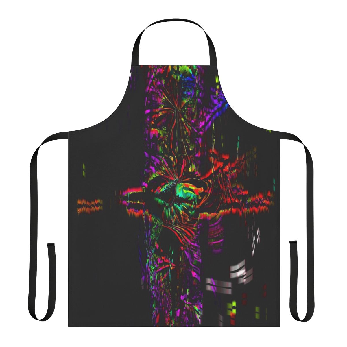 Colorful soundwave pattern graphic design on a black apron