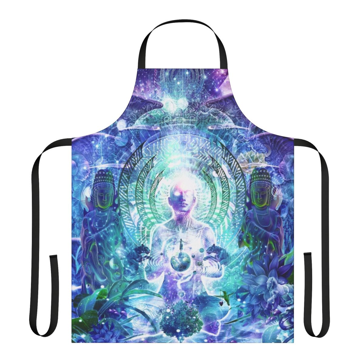 Vibrant, psychedelic-style apron with a space and nature-inspired design.