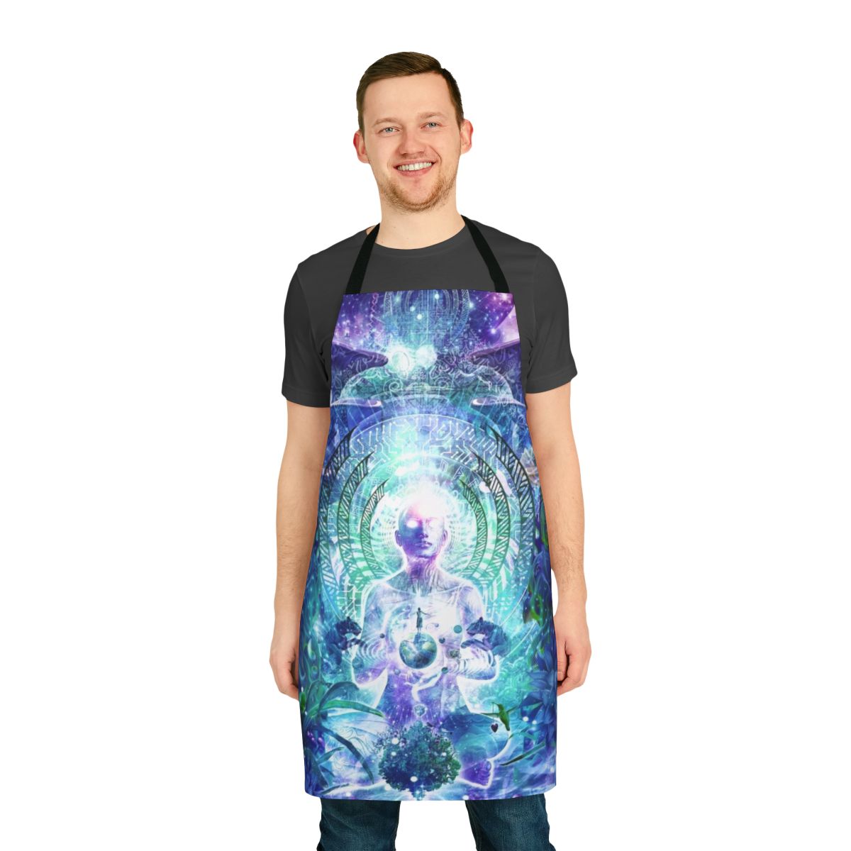 Vibrant, psychedelic-style apron with a space and nature-inspired design.