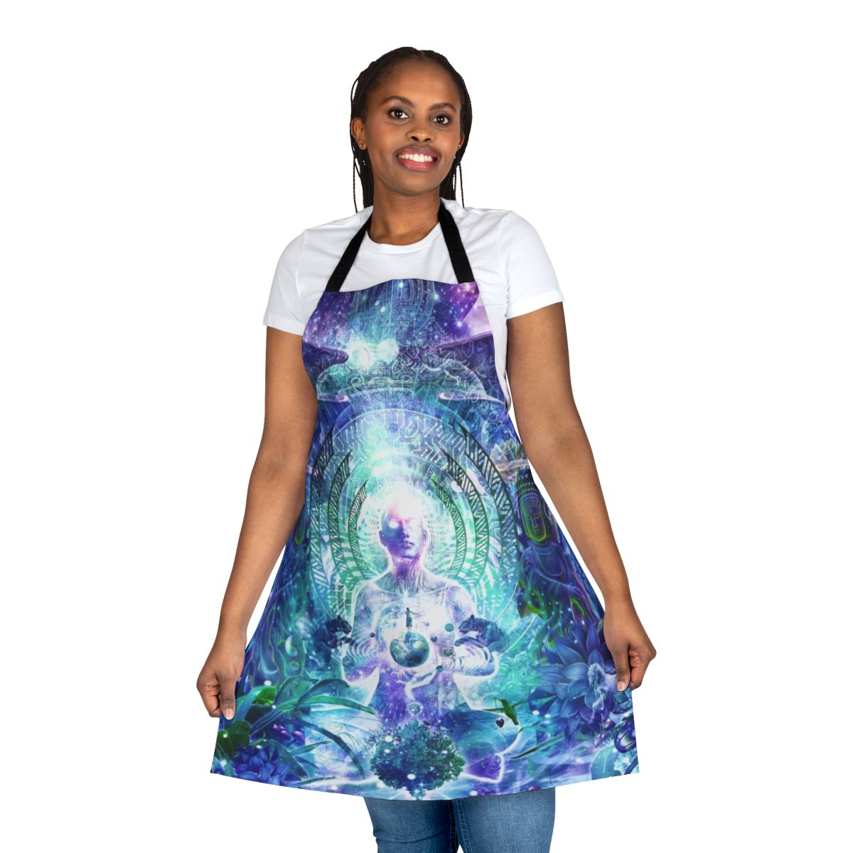 Vibrant, psychedelic-style apron with a space and nature-inspired design.