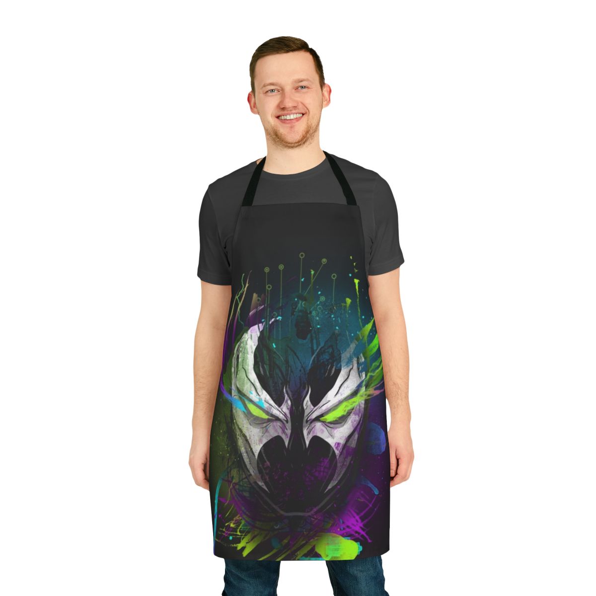 Colorful apron featuring a spawn-inspired disco design
