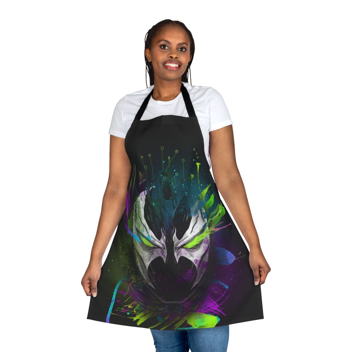 Colorful apron featuring a spawn-inspired disco design