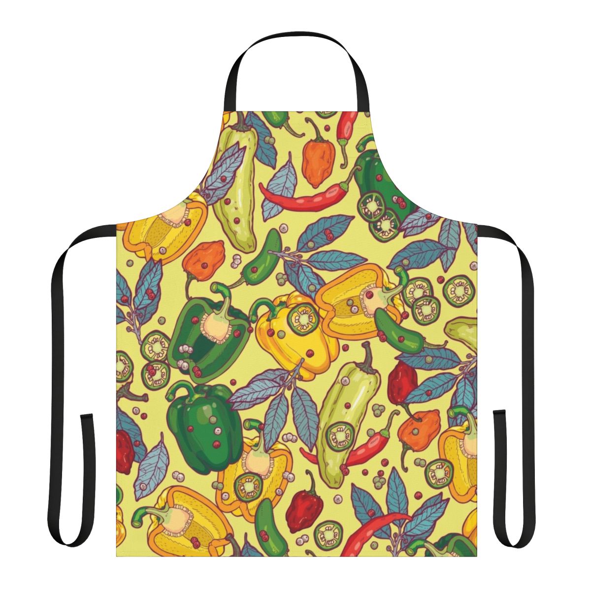 Colorful apron featuring various peppers and spices