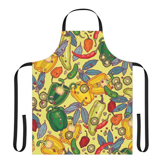 Colorful apron featuring various peppers and spices