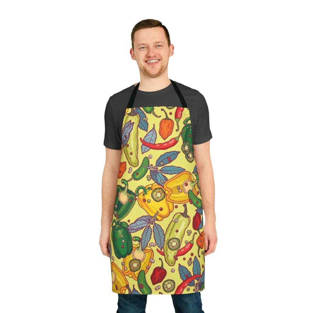 Colorful apron featuring various peppers and spices