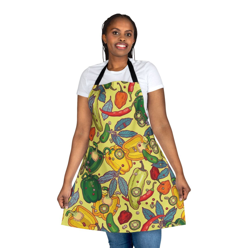 Colorful apron featuring various peppers and spices