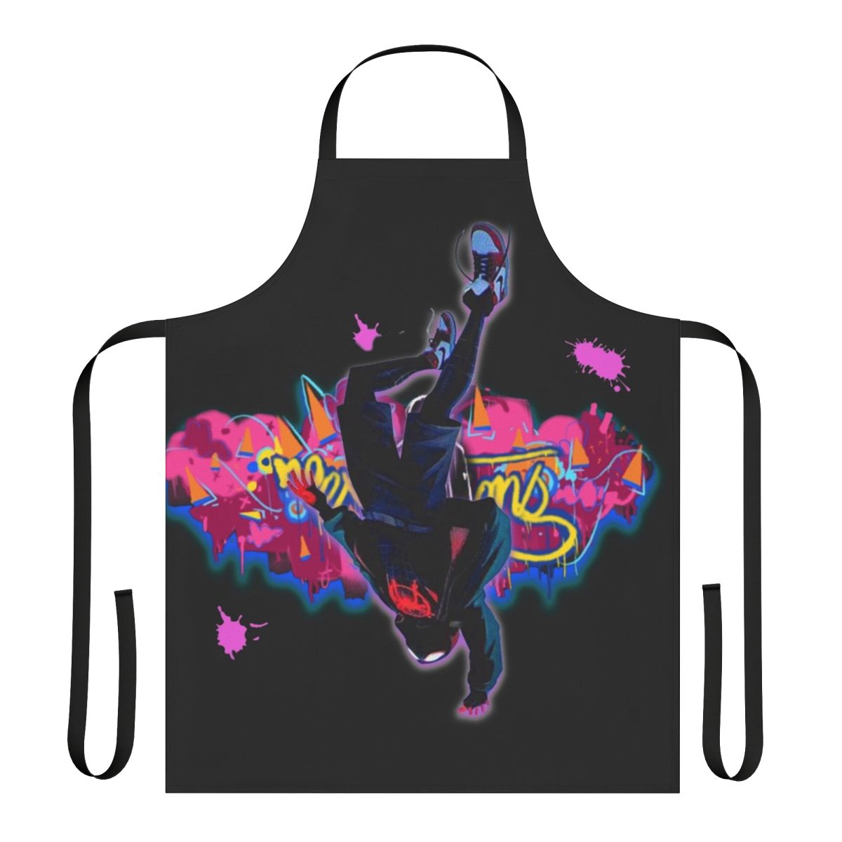 Colorful apron featuring a spider-themed design with the text "Expectations Miles Free Falling"