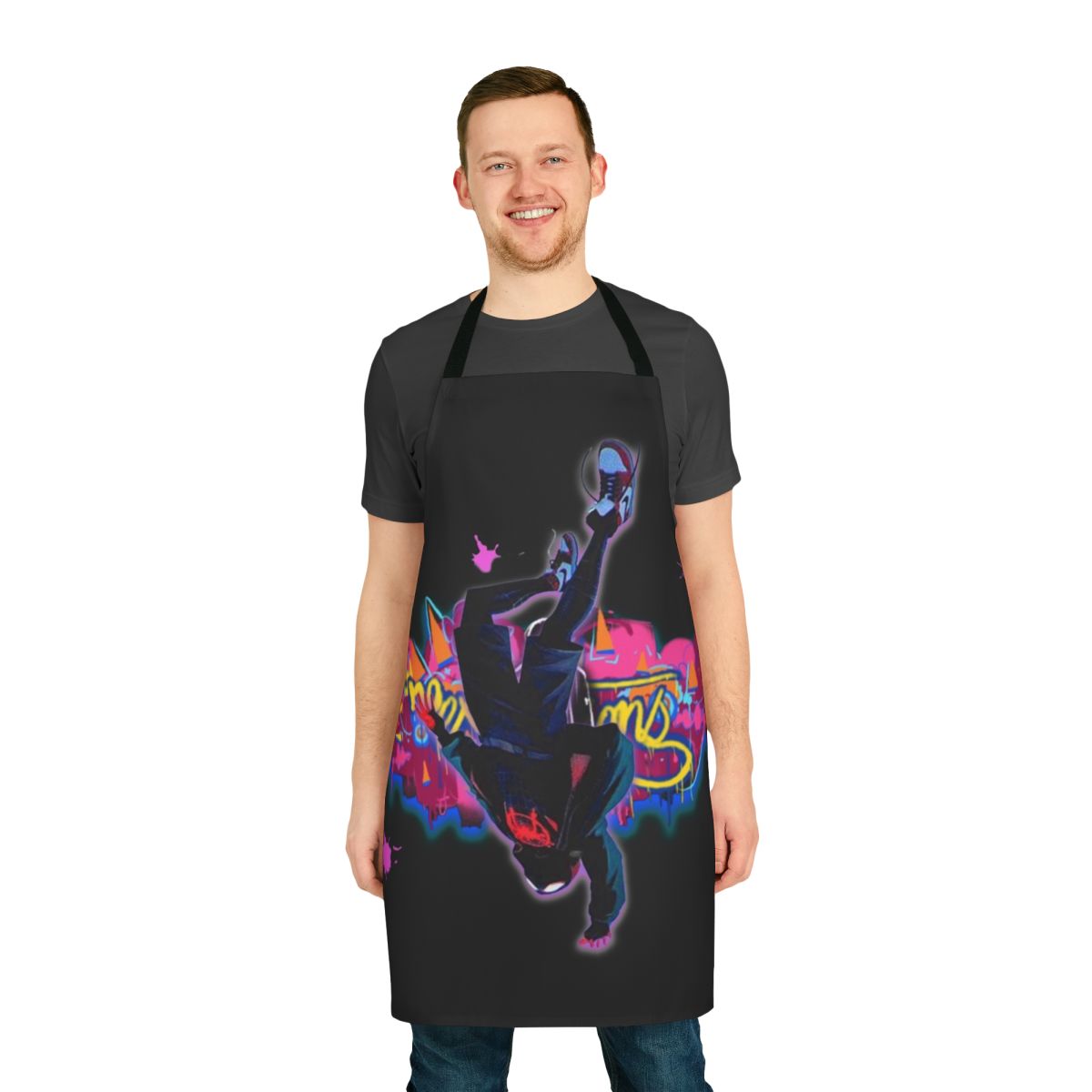 Colorful apron featuring a spider-themed design with the text "Expectations Miles Free Falling"
