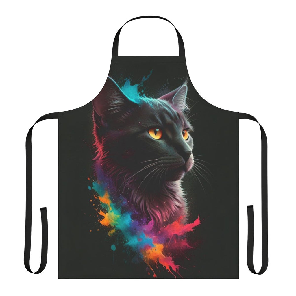 Colorful splash-patterned apron with a cute cat design