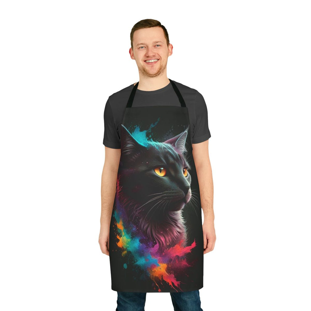 Colorful splash-patterned apron with a cute cat design