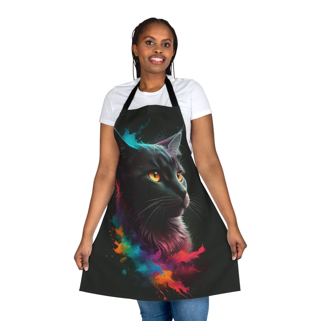 Colorful splash-patterned apron with a cute cat design