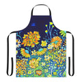A colorful floral apron in shades of blue, yellow, and white featuring daisies and other botanical designs.