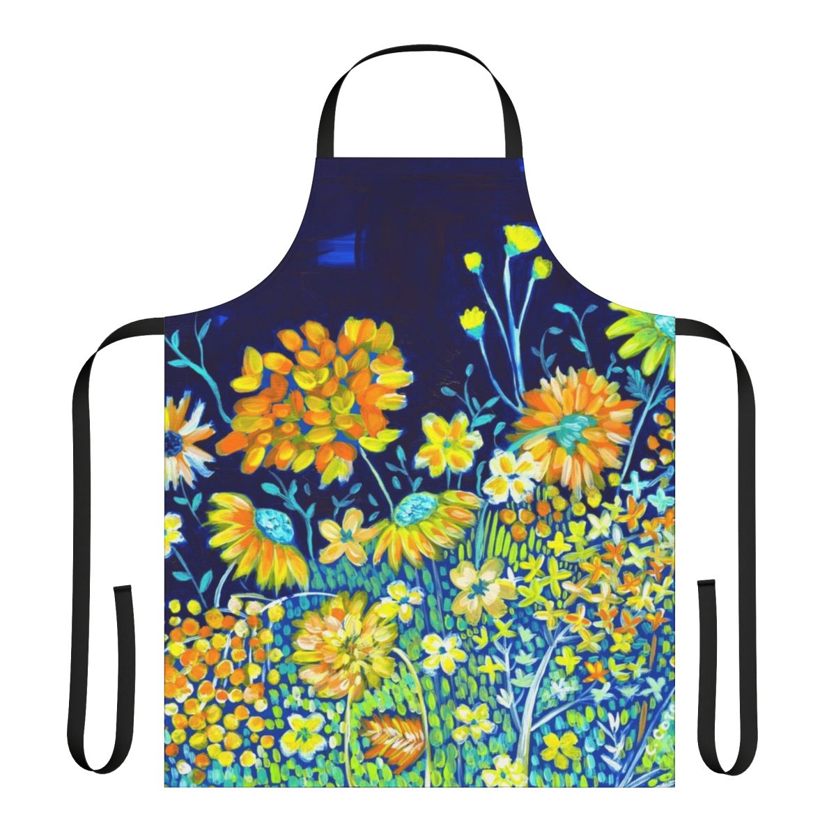A colorful floral apron in shades of blue, yellow, and white featuring daisies and other botanical designs.