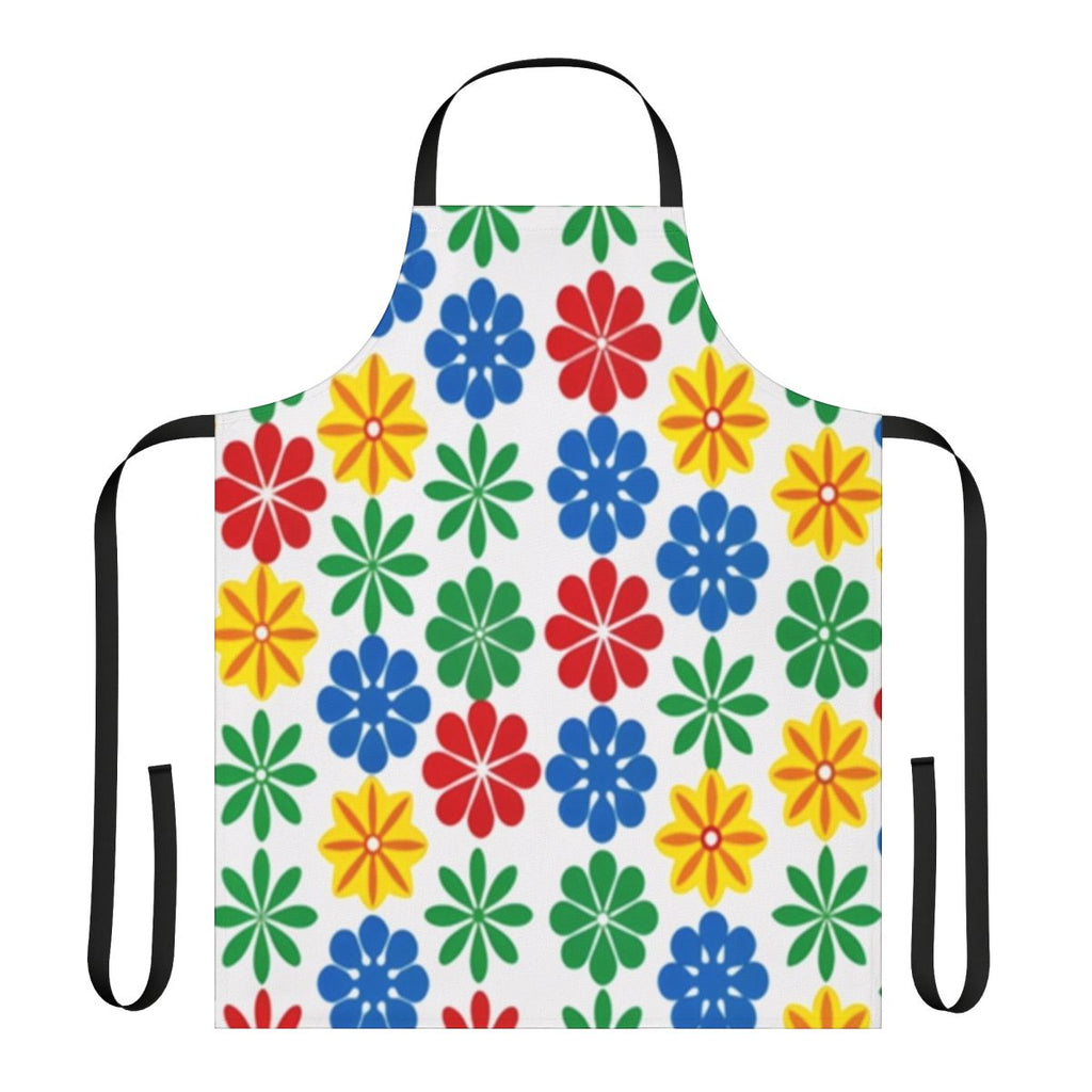 A colorful apron featuring a vintage-inspired floral pattern in shades of yellow, blue, and green.