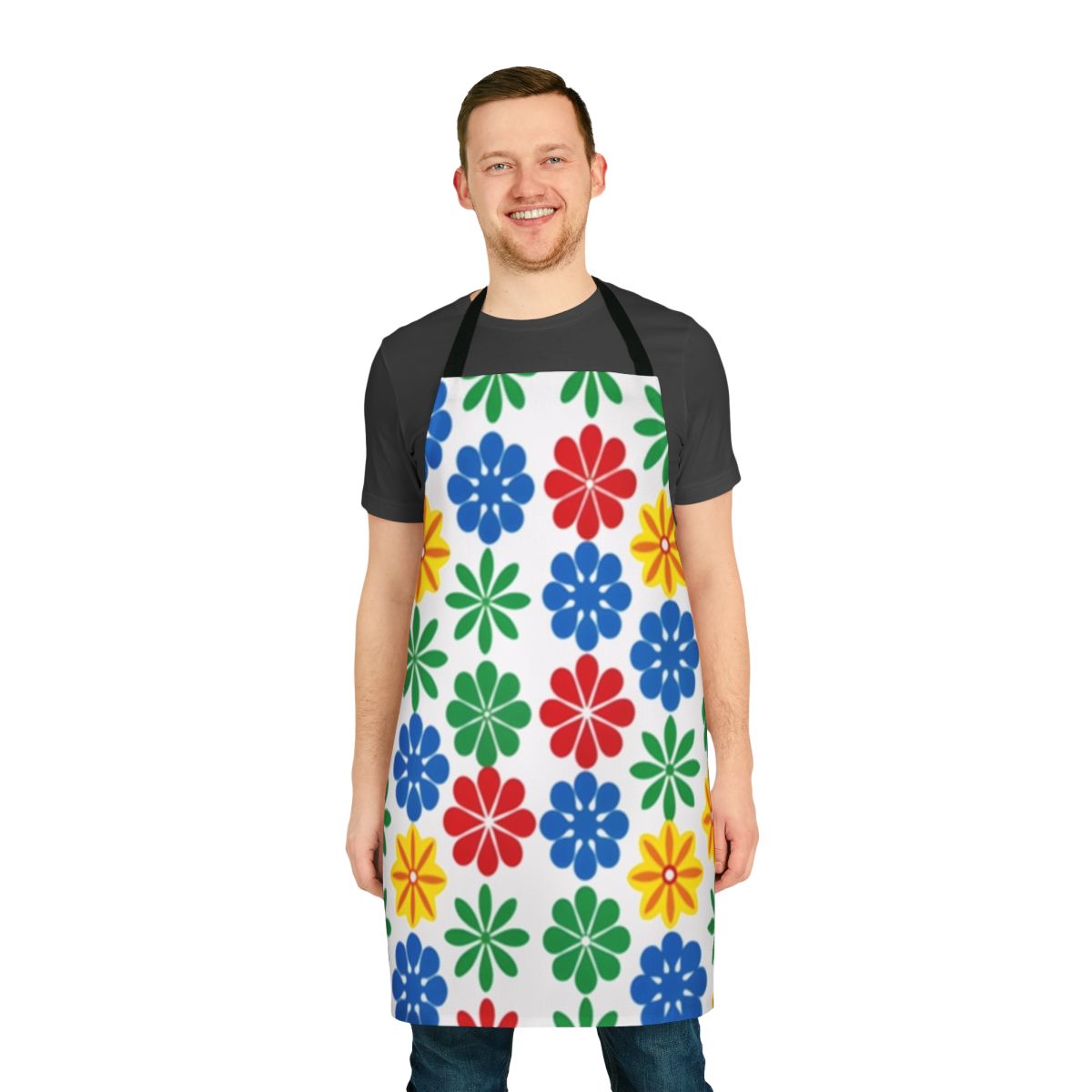 A colorful apron featuring a vintage-inspired floral pattern in shades of yellow, blue, and green.