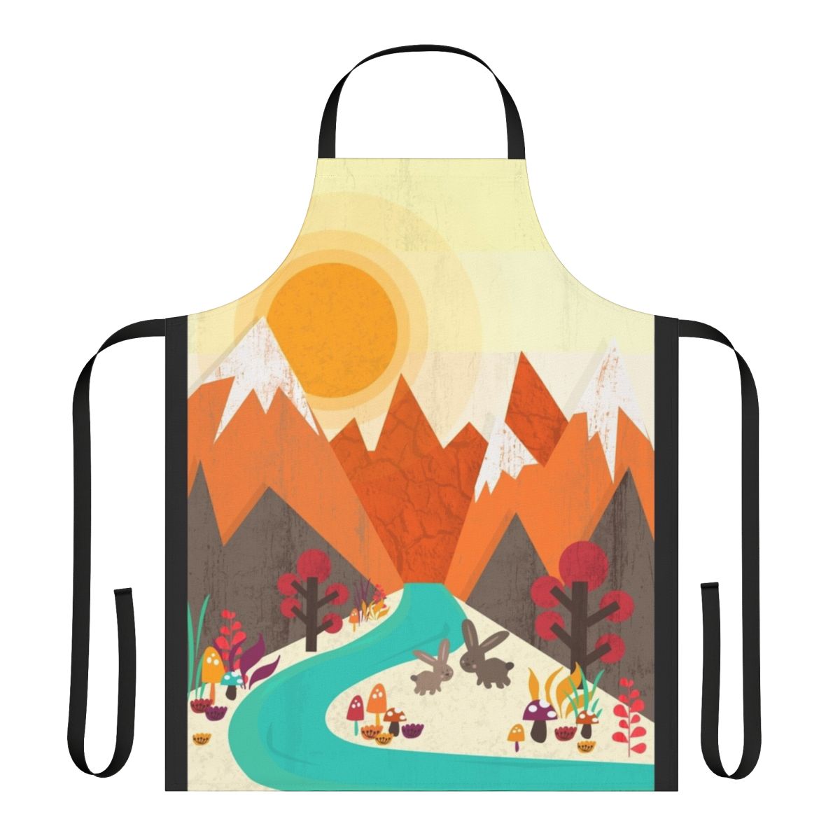 Colorful apron featuring a landscape scene with flowers, trees, and a rabbit.