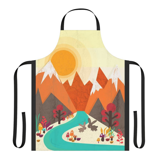 Colorful apron featuring a landscape scene with flowers, trees, and a rabbit.