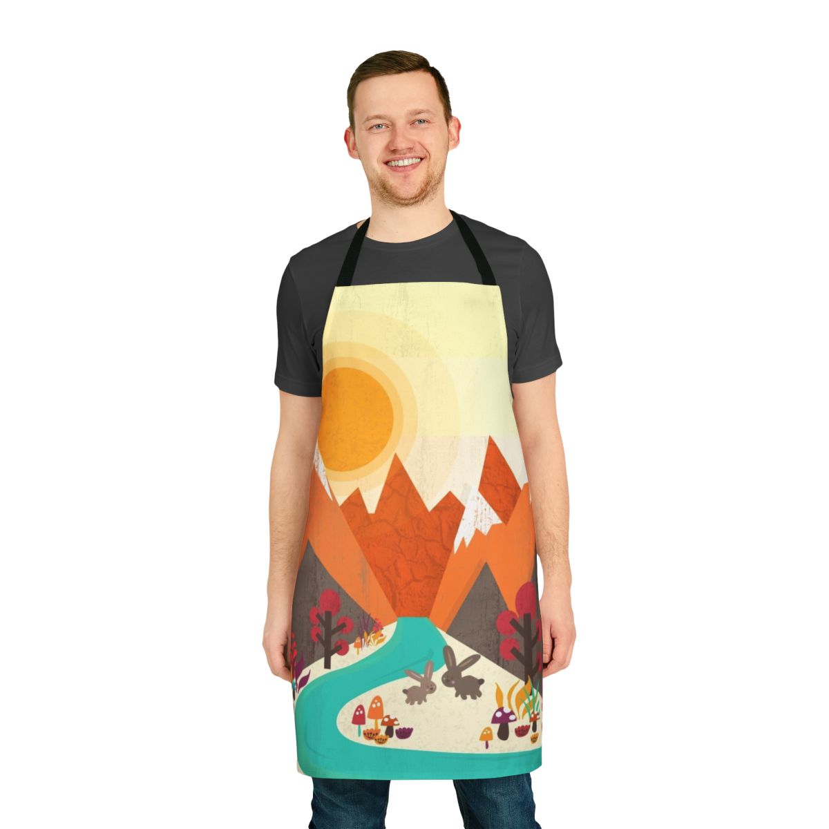 Colorful apron featuring a landscape scene with flowers, trees, and a rabbit.