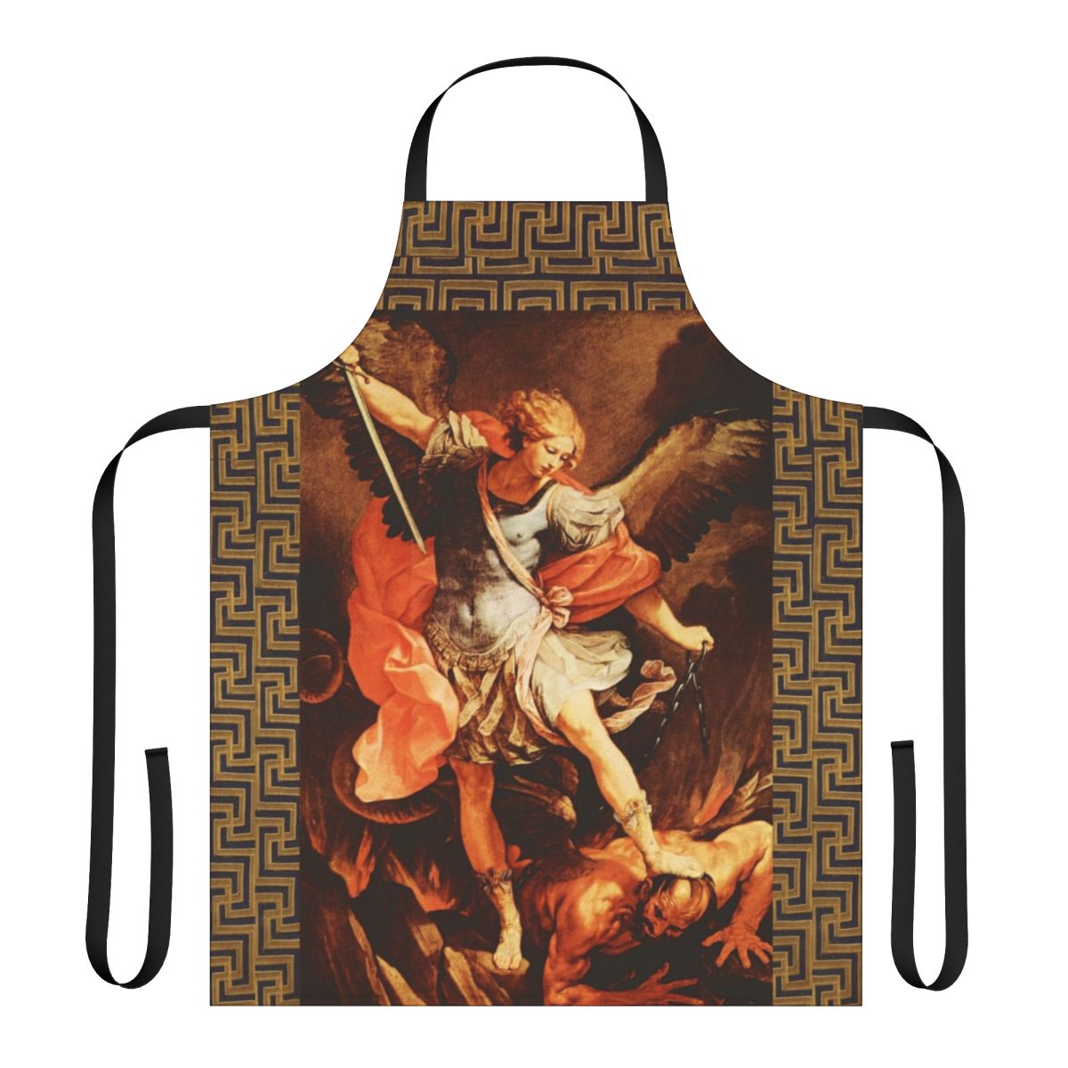 Artistic medieval-style apron with a vibrant depiction of St. Michael the Archangel battling the devil.