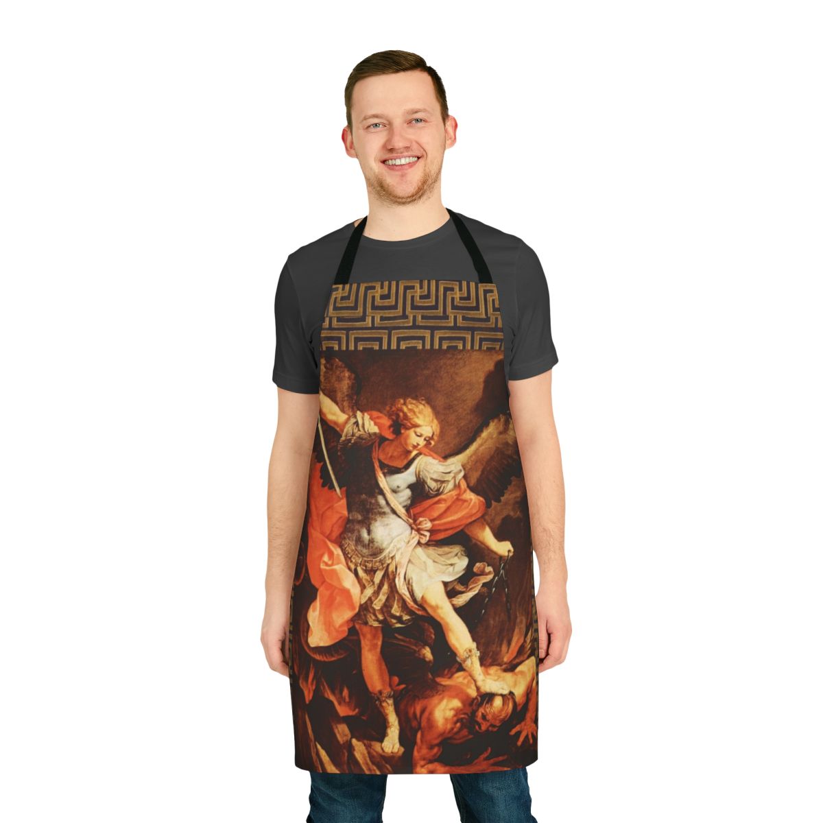 Artistic medieval-style apron with a vibrant depiction of St. Michael the Archangel battling the devil.