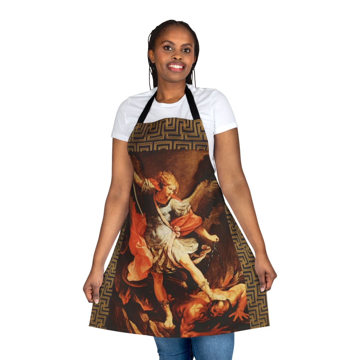 Artistic medieval-style apron with a vibrant depiction of St. Michael the Archangel battling the devil.