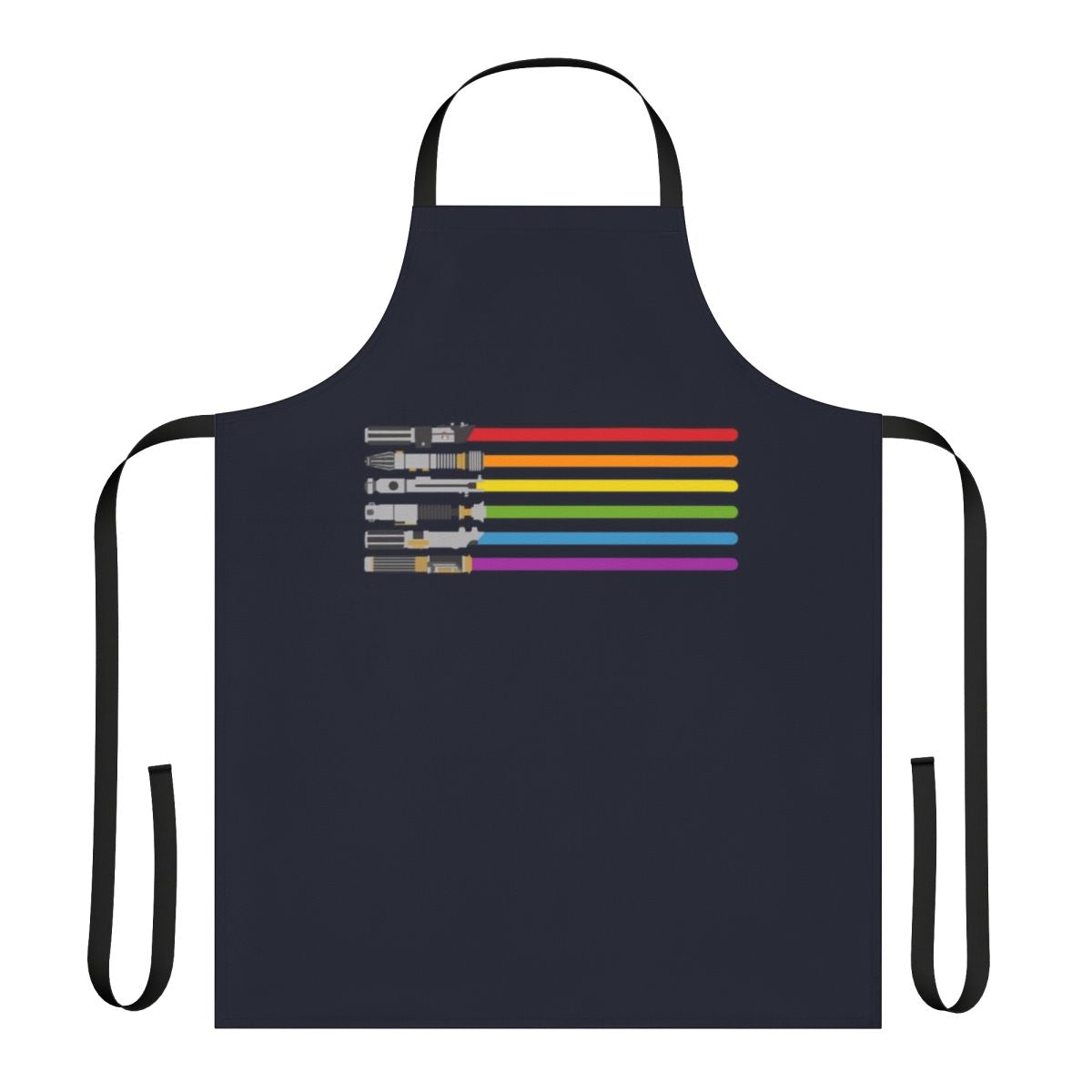 A colorful apron featuring a galaxy of lightsaber designs, perfect for Star Wars fans.