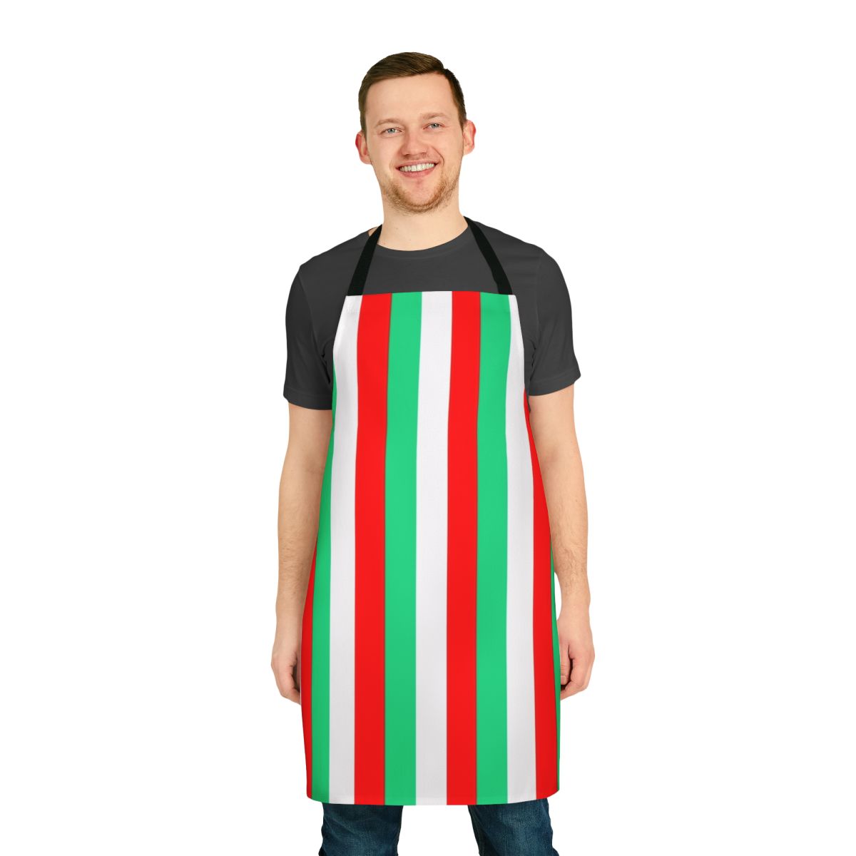 Colorful striped apron in bold red, green, and white
