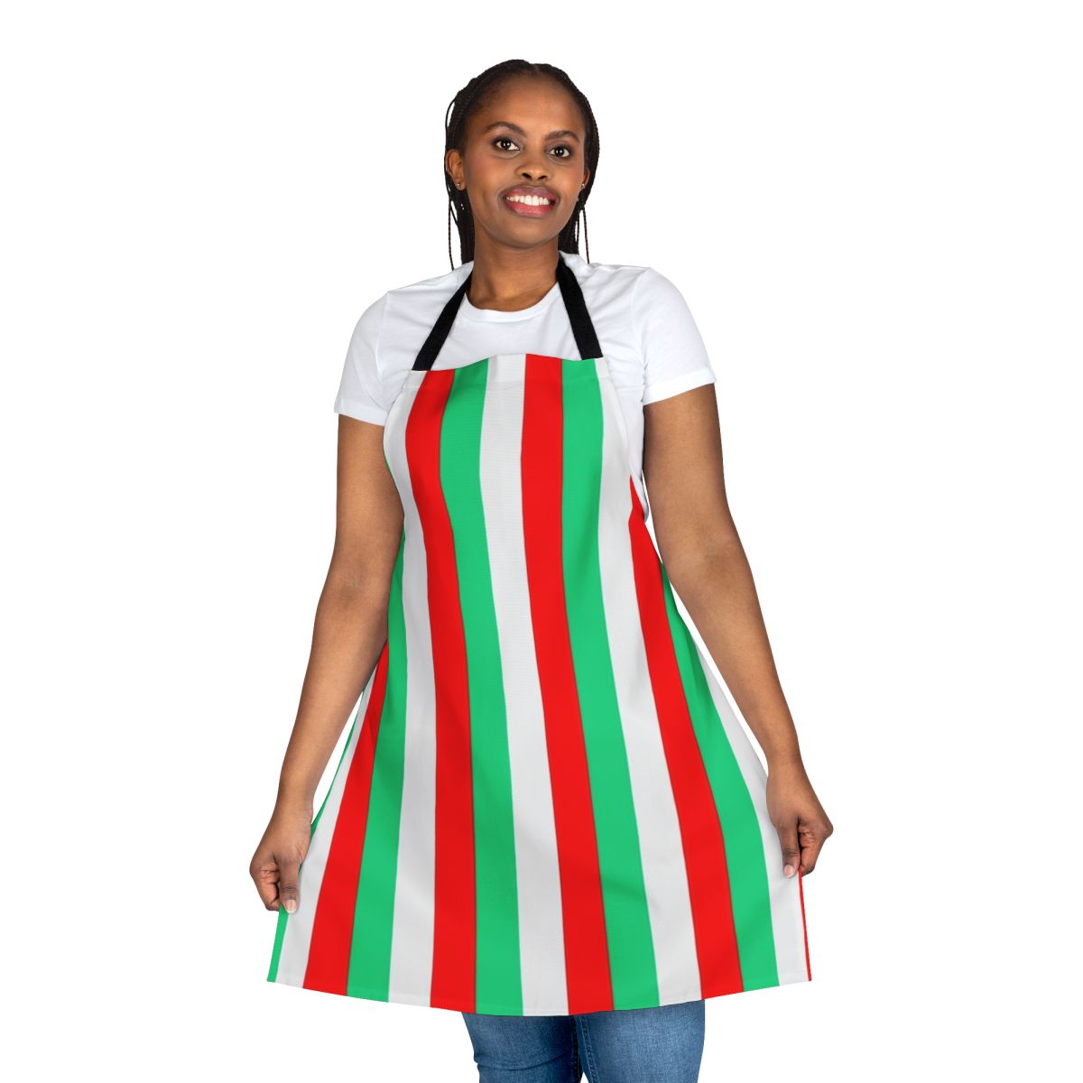 Colorful striped apron in bold red, green, and white