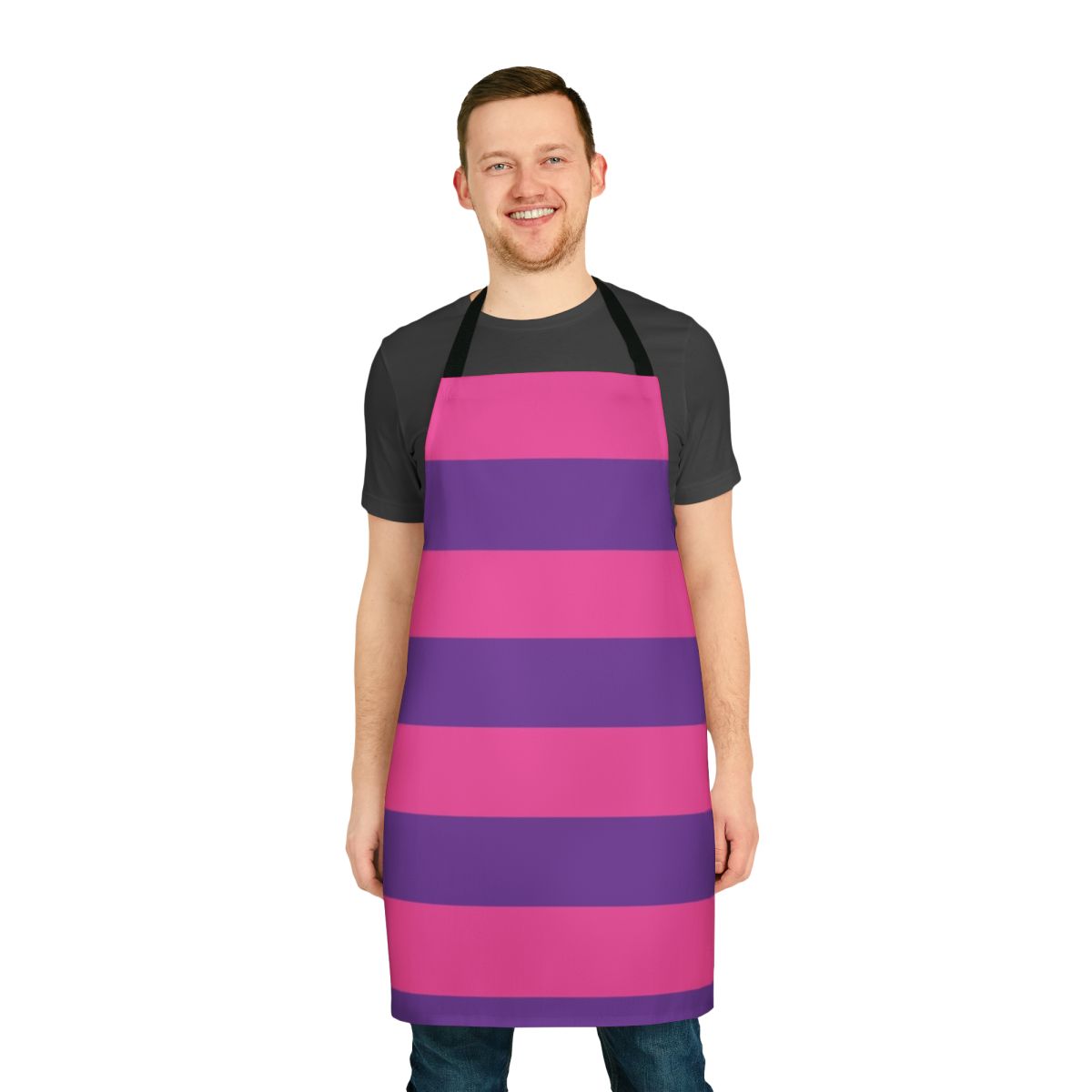 Colorful striped apron in shades of pink and purple
