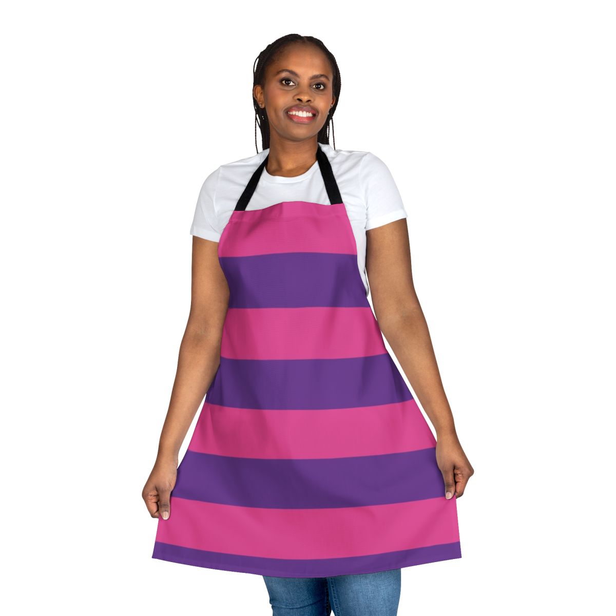 Colorful striped apron in shades of pink and purple