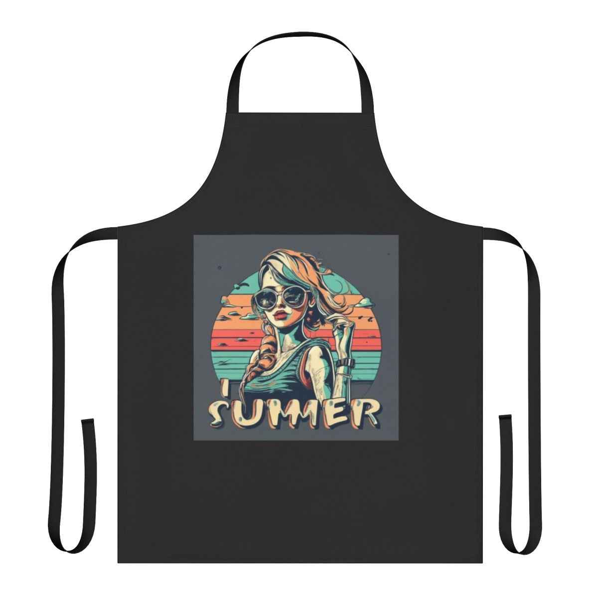 A colorful apron with a happy summer design, perfect for cooking, BBQs, and outdoor activities.