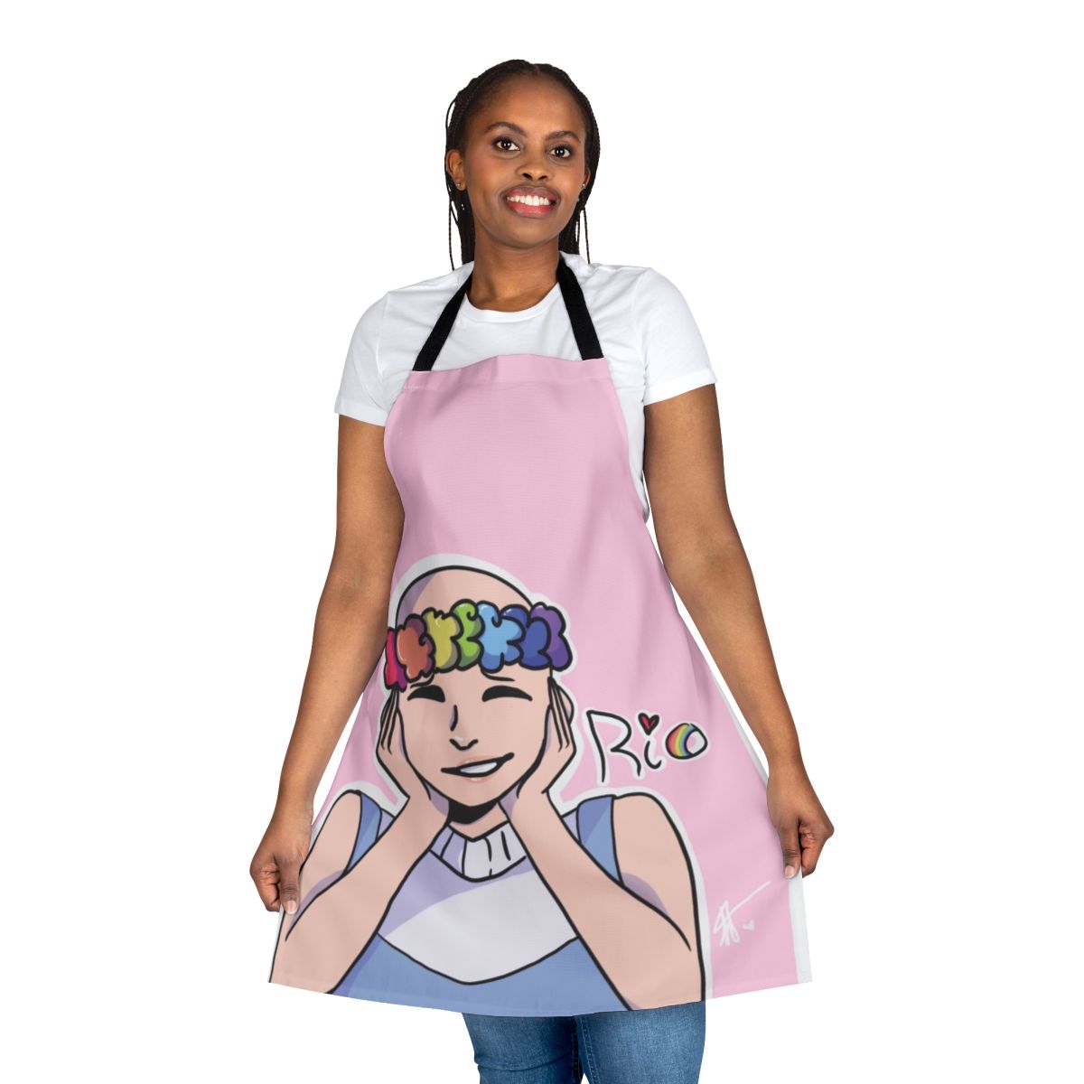 Vibrant summer rio inspired apron with rainbow and character design