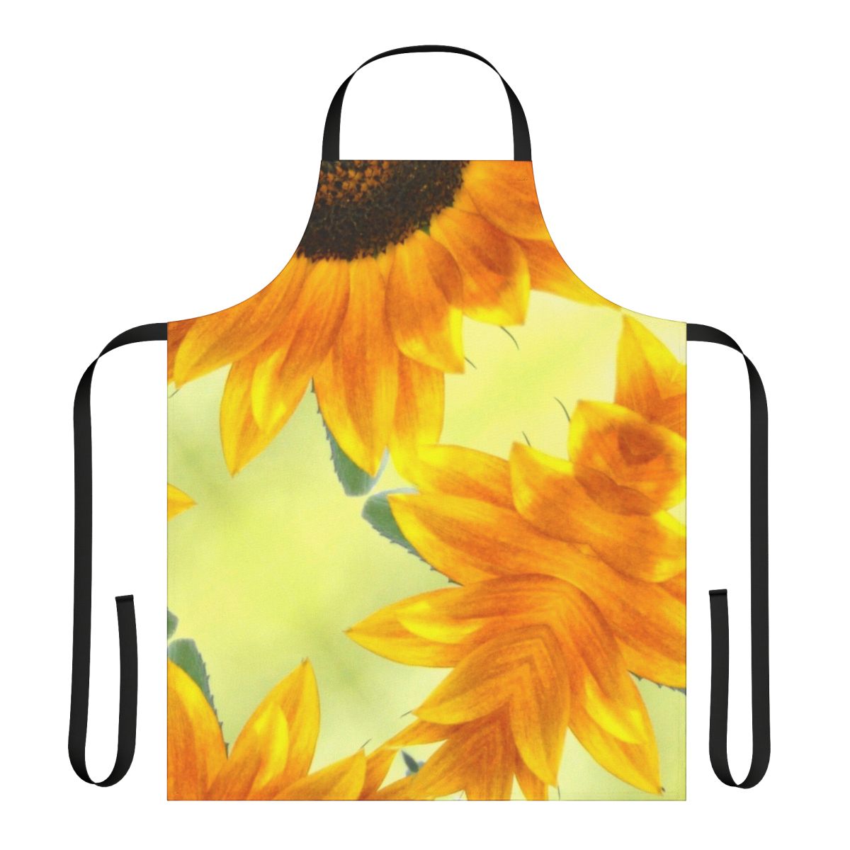 Sunflower apron with abstract floral pattern in yellow, black, and fall colors
