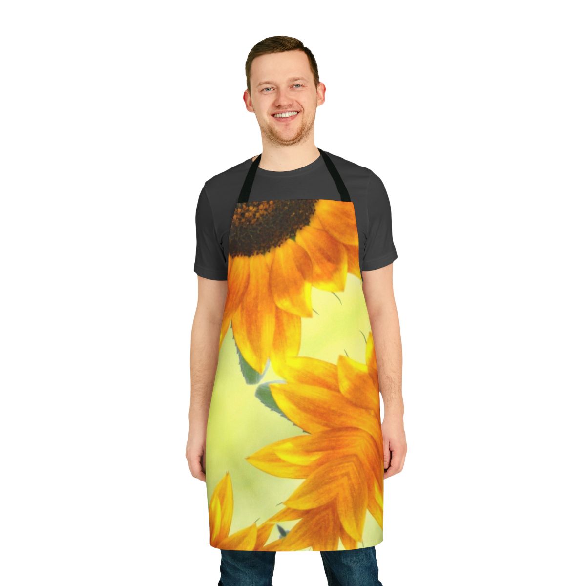 Sunflower apron with abstract floral pattern in yellow, black, and fall colors