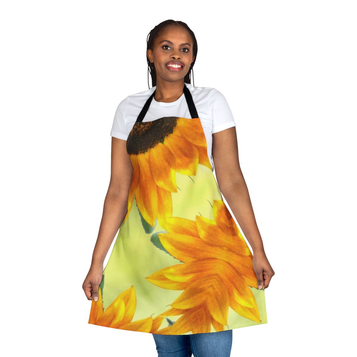 Sunflower apron with abstract floral pattern in yellow, black, and fall colors
