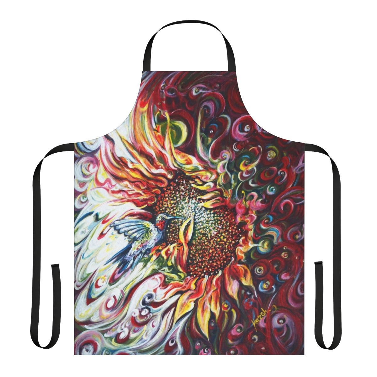 Sunflower and hummingbird design on a colorful floral apron