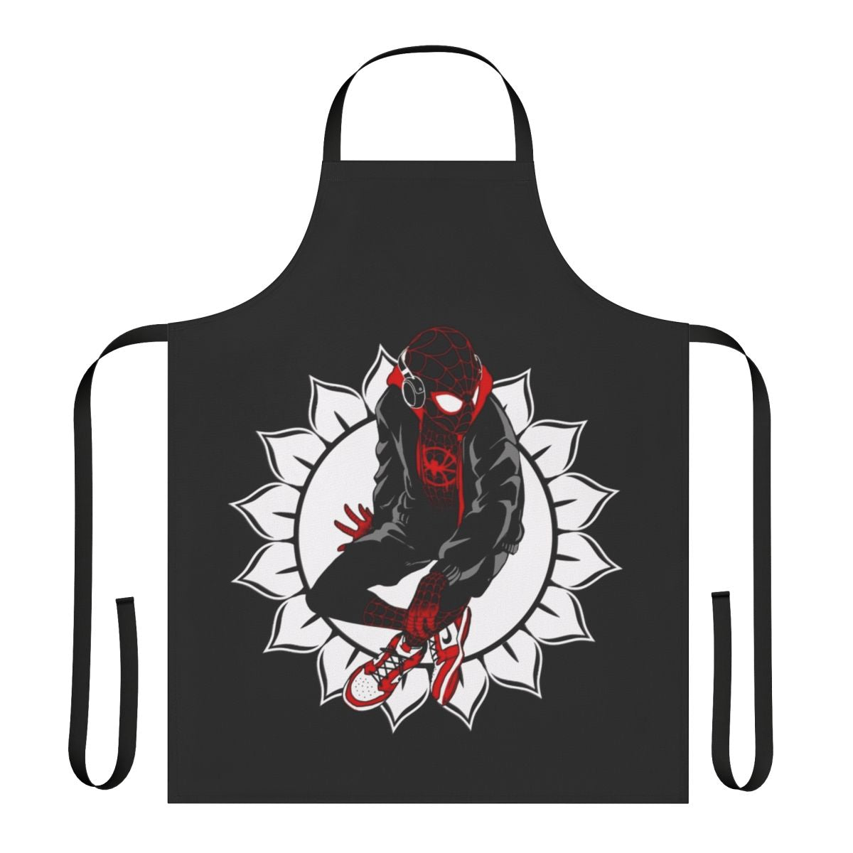 White apron with sunflower and spider web design, perfect for superhero-inspired cooking and crafting.