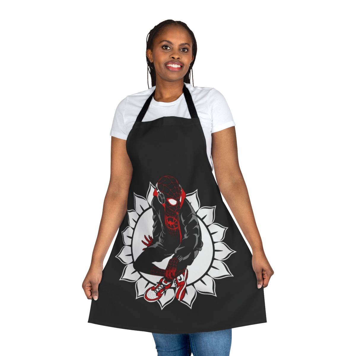 White apron with sunflower and spider web design, perfect for superhero-inspired cooking and crafting.