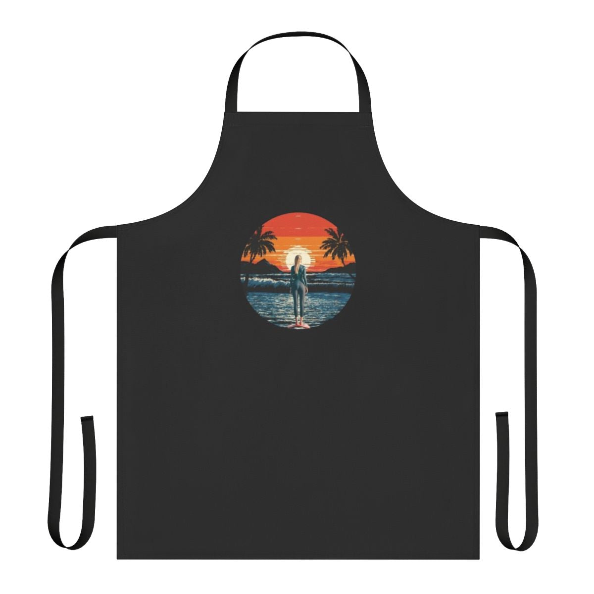 Sunset beach scene with surfer silhouette on an apron