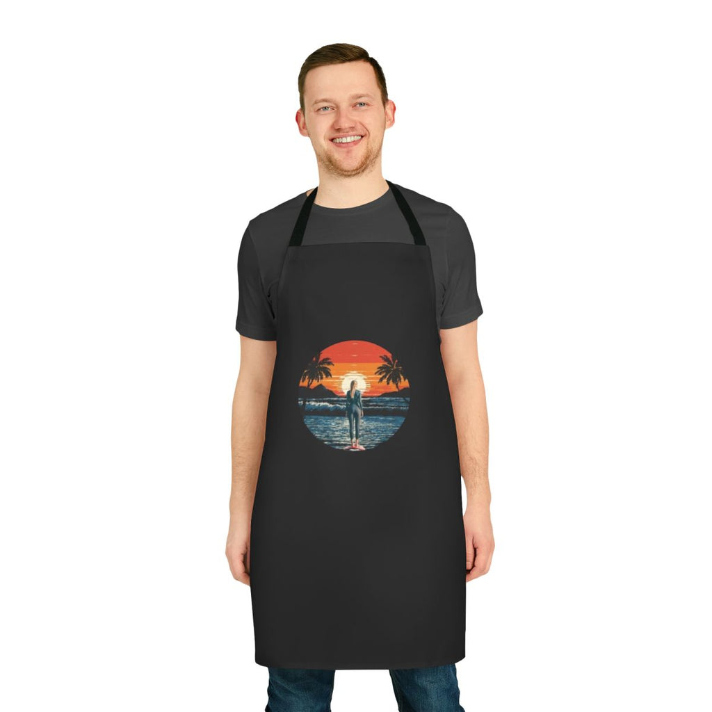 Sunset beach scene with surfer silhouette on an apron