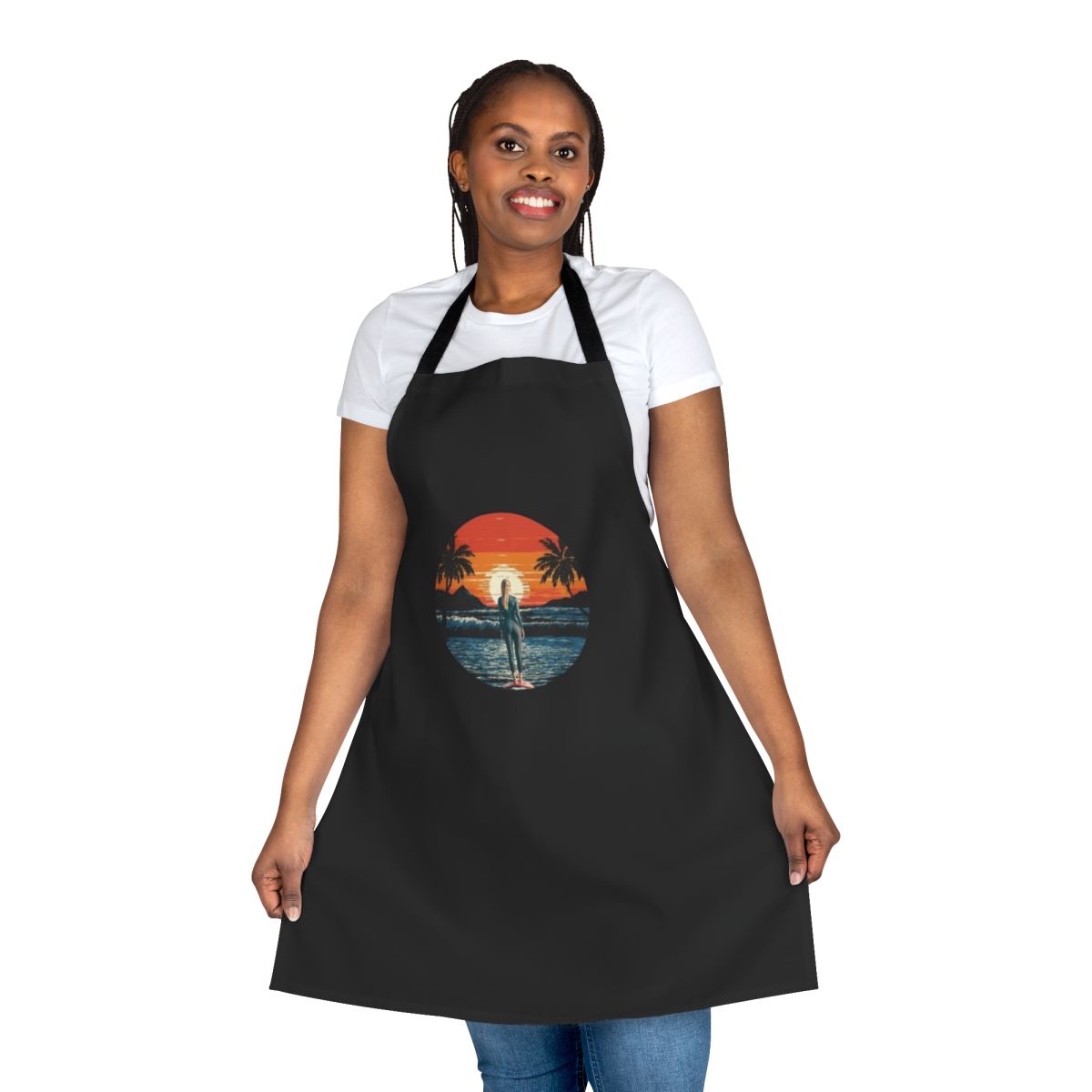 Sunset beach scene with surfer silhouette on an apron