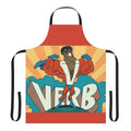 Colorful superhero-themed apron with verb graphics