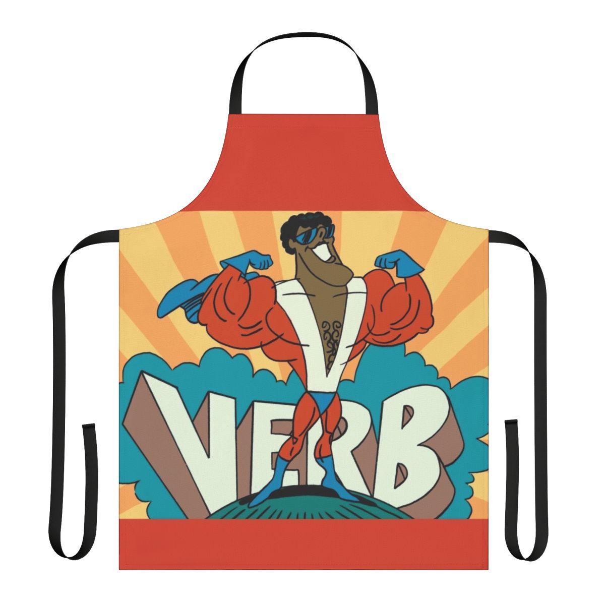 Colorful superhero-themed apron with verb graphics