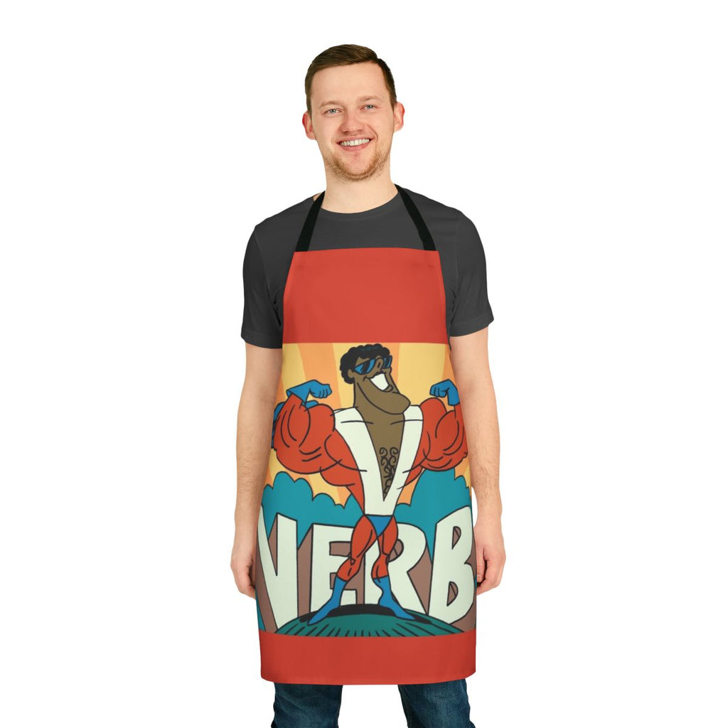 Colorful superhero-themed apron with verb graphics