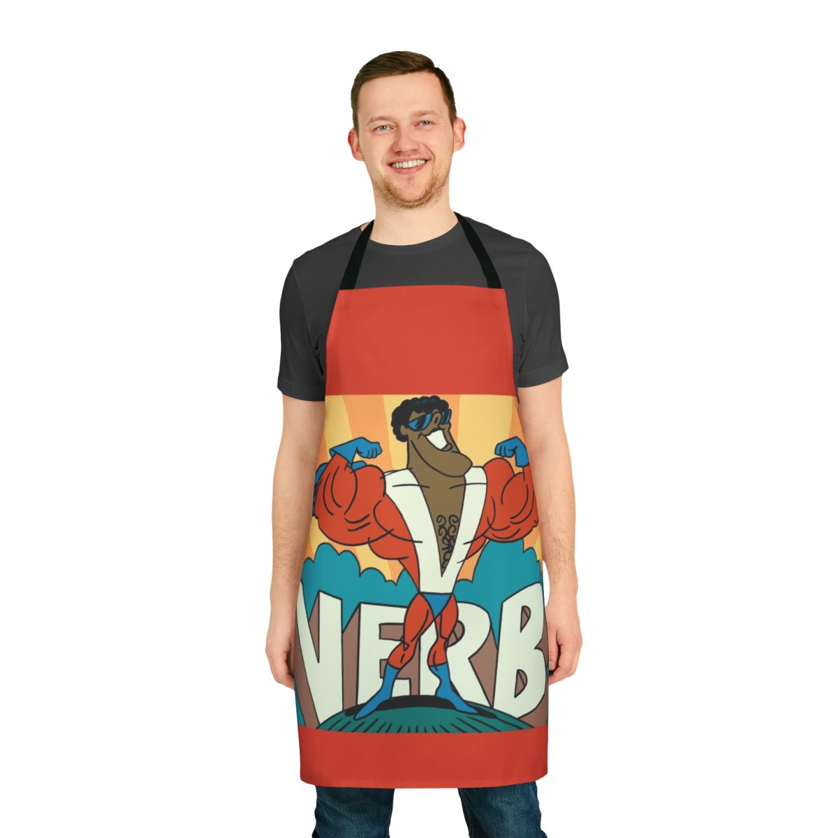 Colorful superhero-themed apron with verb graphics