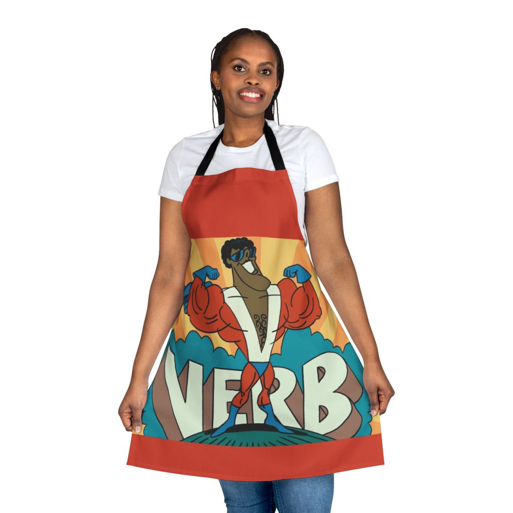 Colorful superhero-themed apron with verb graphics